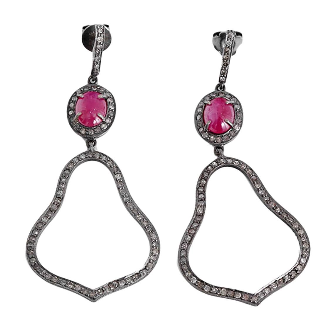 Amazing Ruby Diamond Oxidized Sterling Silver Dangle Earrings For Sale