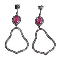 Amazing Ruby Diamond Oxidized Sterling Silver Dangle Earrings