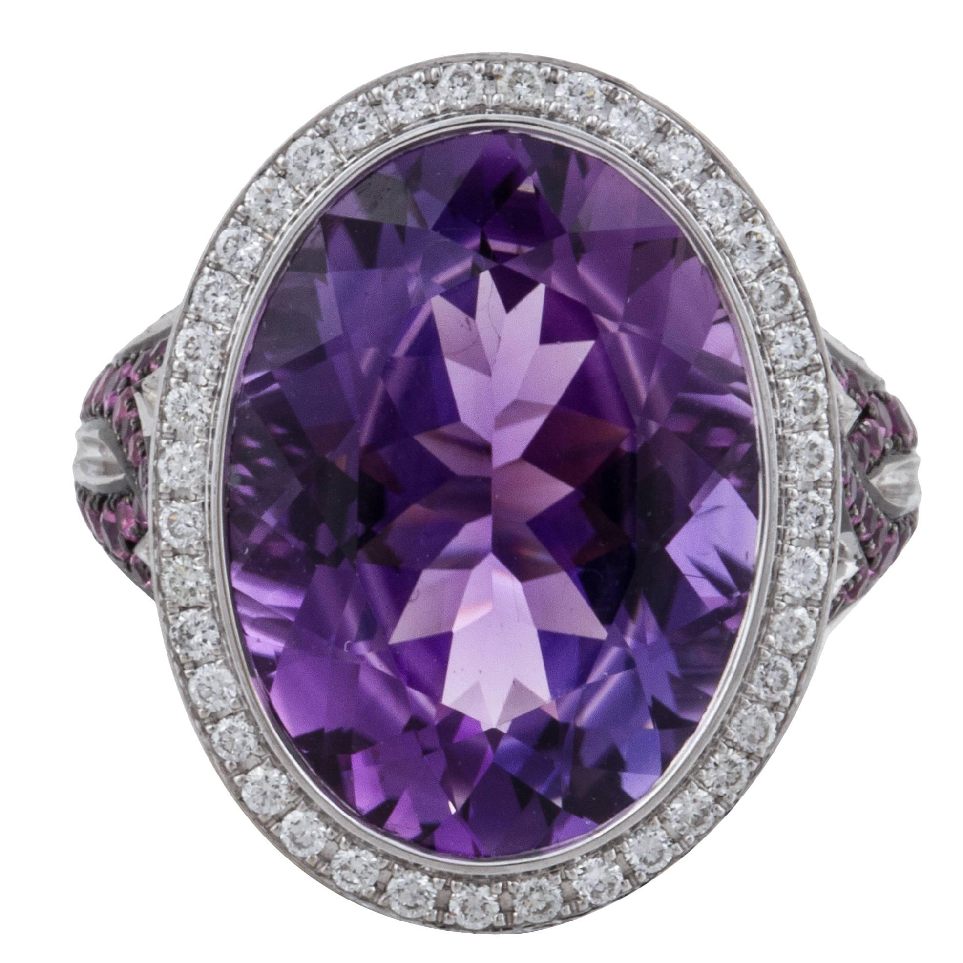 Asprey 18K White Gold Amethyst Pink Sapphire and Diamond Ring