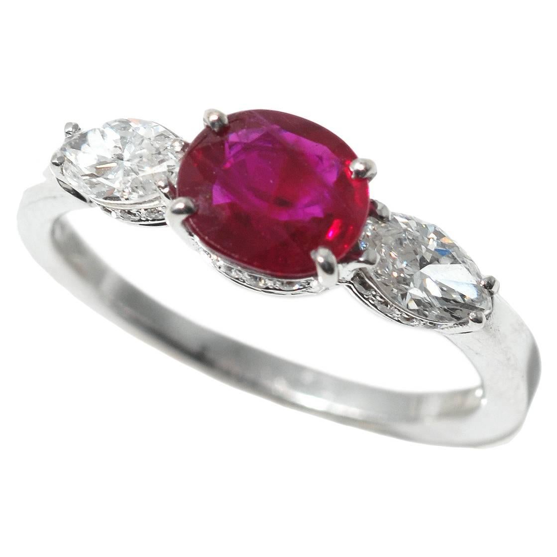 Ruby Diamond Gold Three Stone Ring For Sale