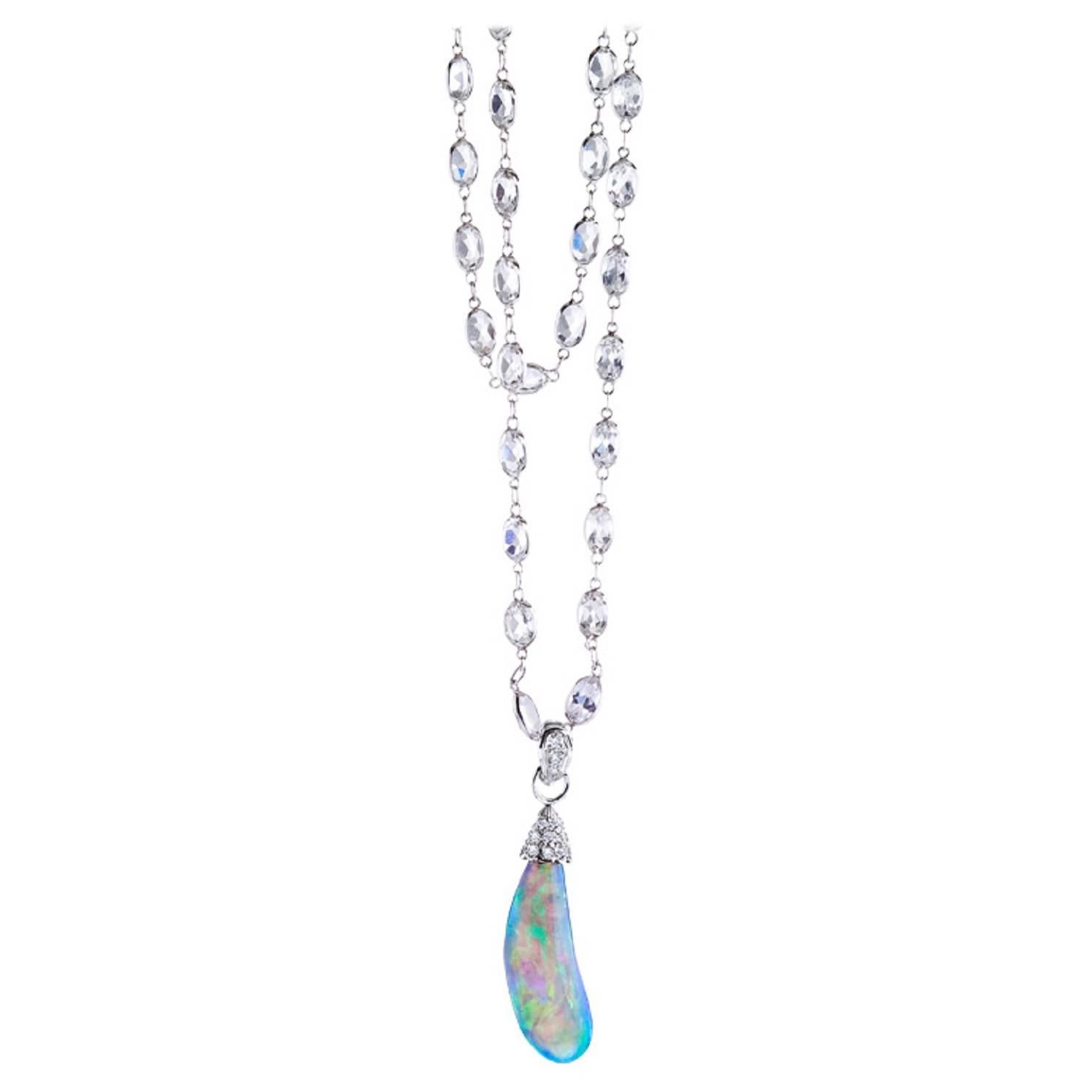 White Topaz Opal Diamond Gold Lily Pendant II For Sale