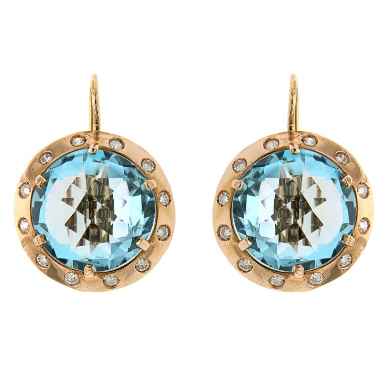 Blue Topaz Rose Gold Dangle Earrings Diamonds Modern For Sale at 1stdibs