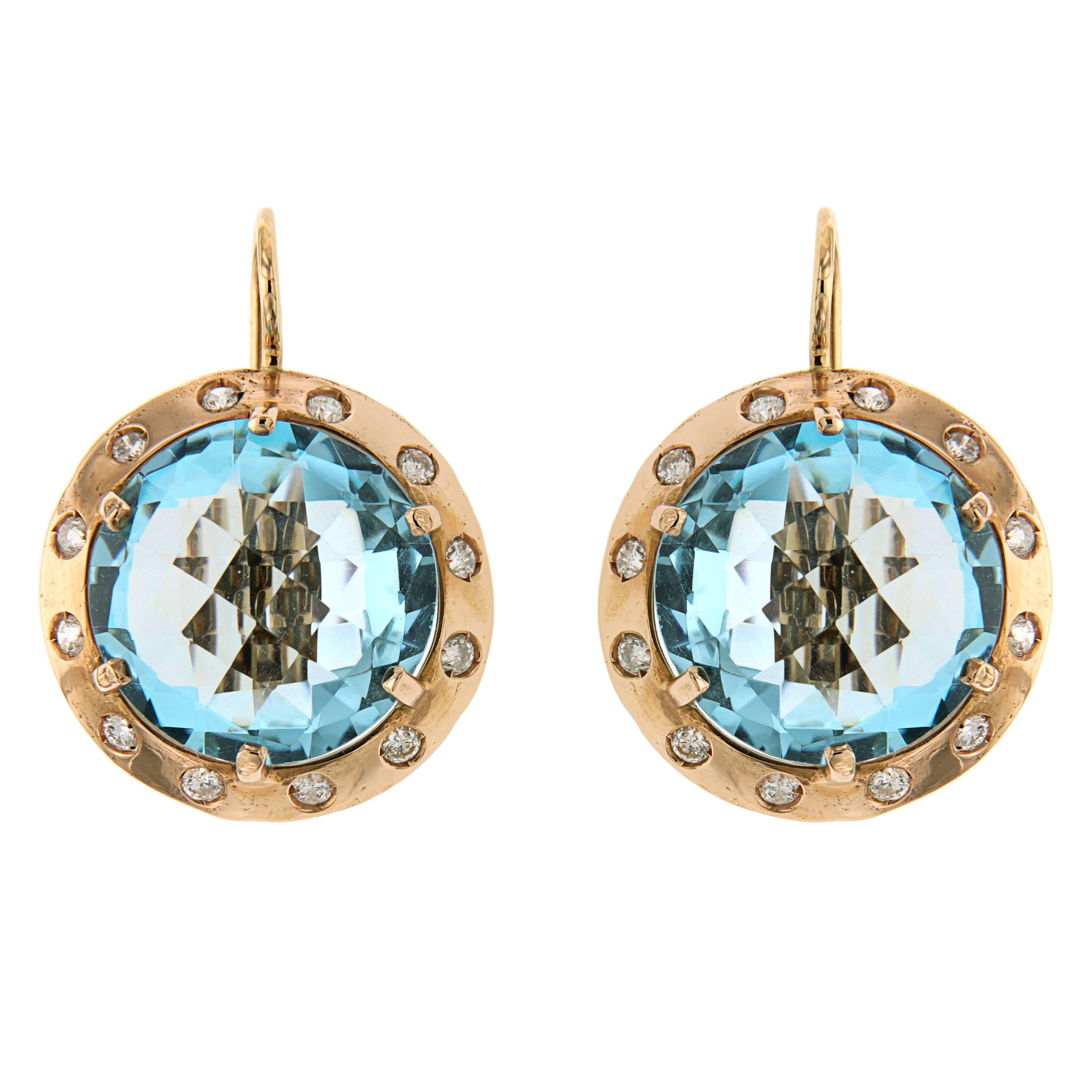Blue Topaz Diamonds Rose Gold Earrings Handcrafted in Italy