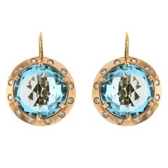 Diamonds Blue Topaz Rose Gold Dangle Earrings Handcrafted in Italy
