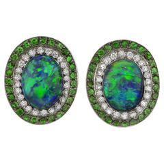 Black Opal Cabochon, Tsavorite Garnet and Diamond Earrings
