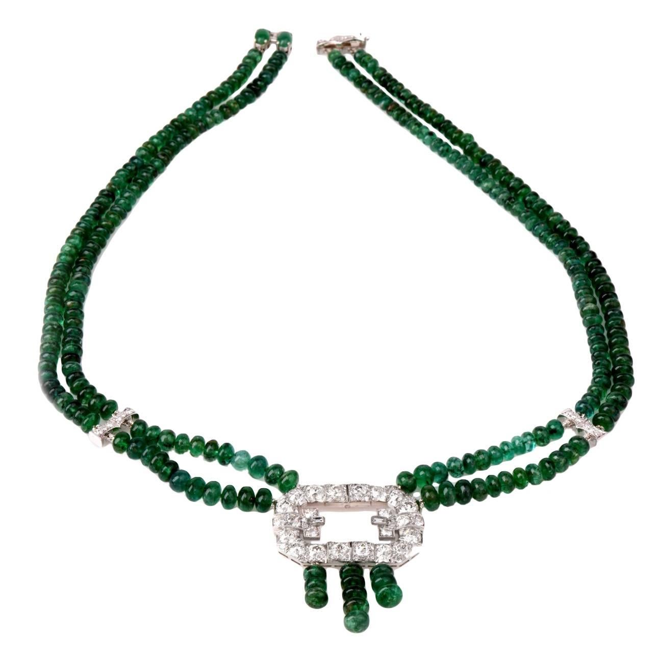 Emerald Diamond Platinum Beads Necklace