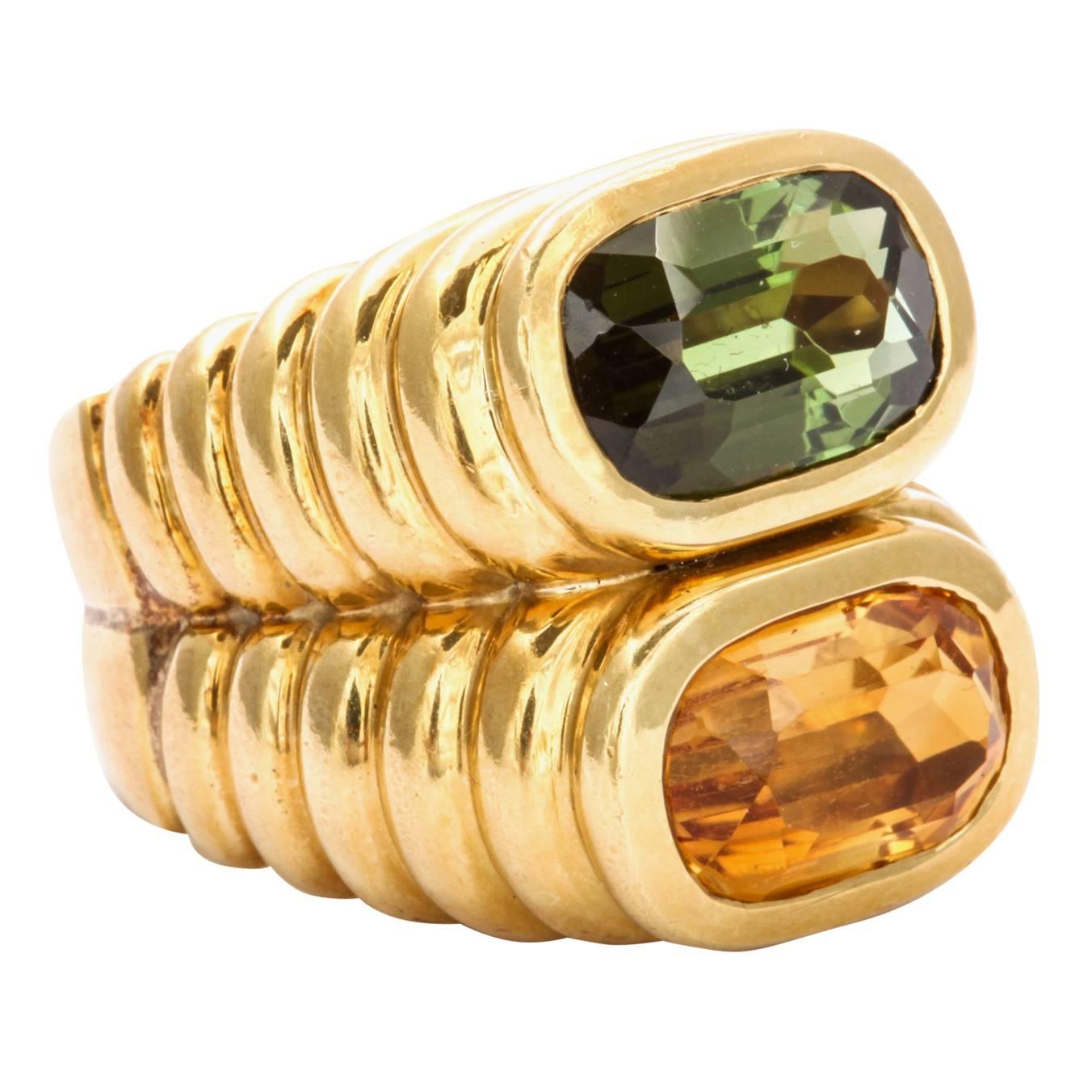 Bold Honey Citrine and Green Tourmaline Gold Ring For Sale