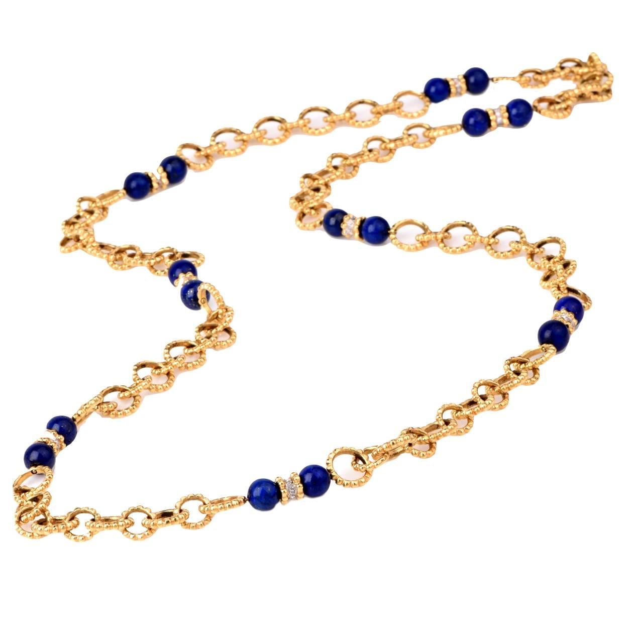 Lapis Lazuli Diamond Gold Long Chain Necklace