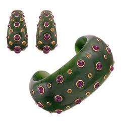 Trianon Jade Citrine Ruby Gold Cuff and Earrings Suite 