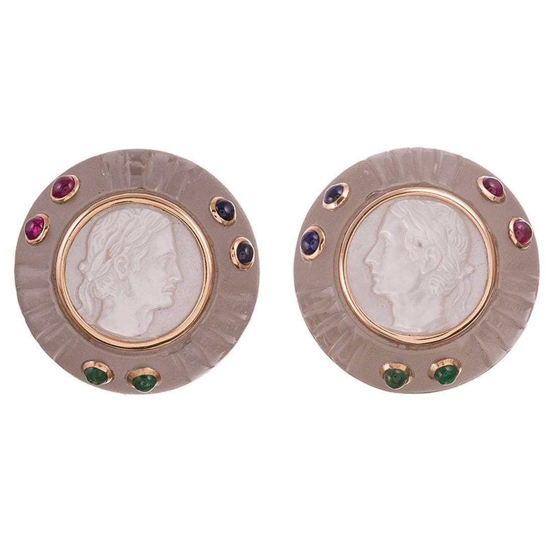 Trianon Crystal Mother-of-Pearl Ruby Emerald Gold Earrings