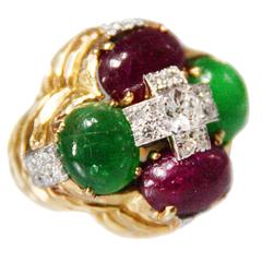 1980s David Webb Emerald Ruby Diamond Gold Platinum Ring