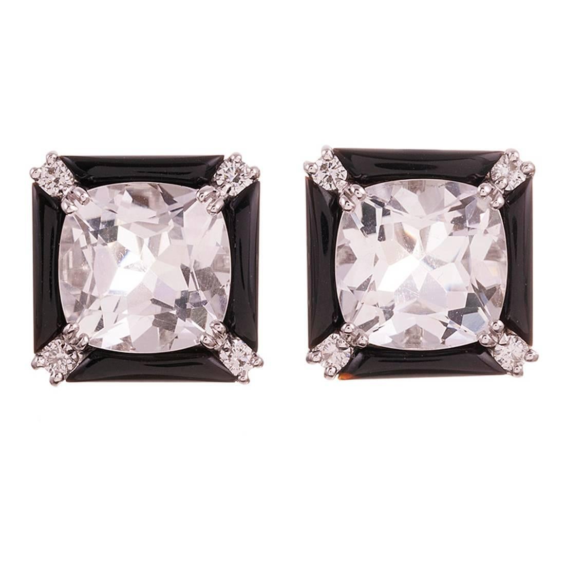 Seaman Schepps Crystal Onyx Diamond Gold Carre Earrings