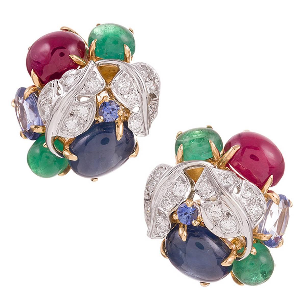 Seaman Schepps Emerald Ruby Sapphire Diamond Gold Vine Earrings