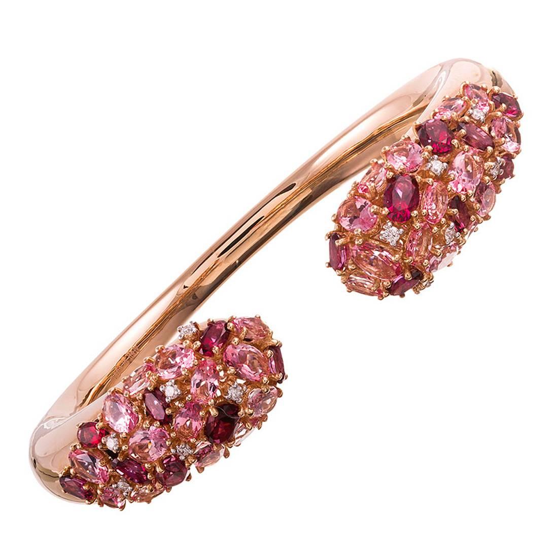 Ugo Cala Pink Topaz Diamond Tipped Gold Cuff Bracelet For Sale