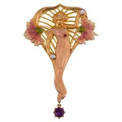 Masriera Enamel Amethyst Diamond Gold Nymph Pin Pendant 11