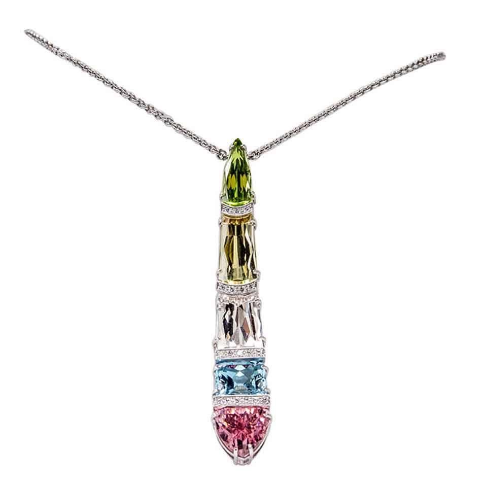 Stunning Multi Gemstone Diamond Gold Comet Statement Pendant Necklace