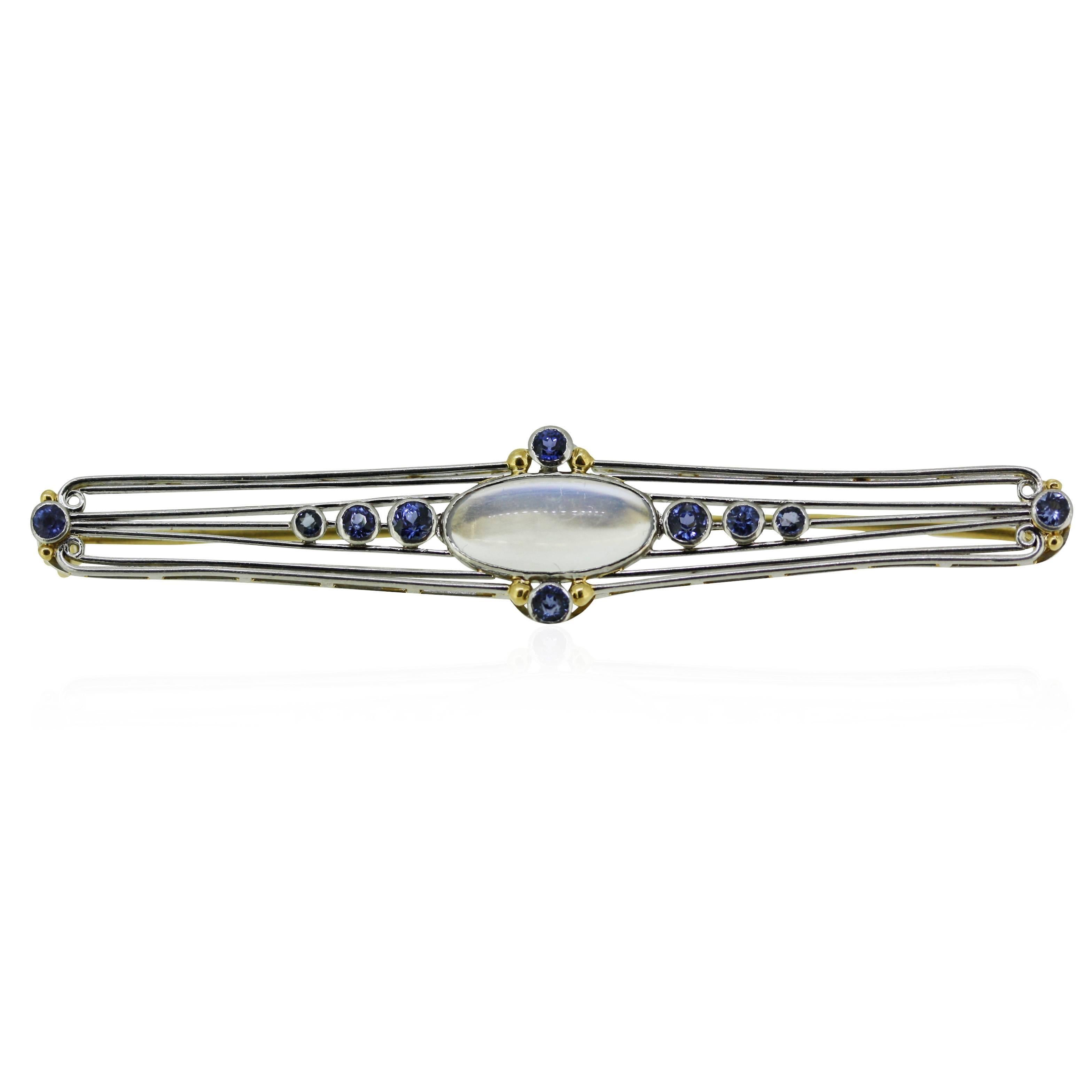 1900s Tiffany & Co. Moonstone Sapphire Platinum Brooch For Sale