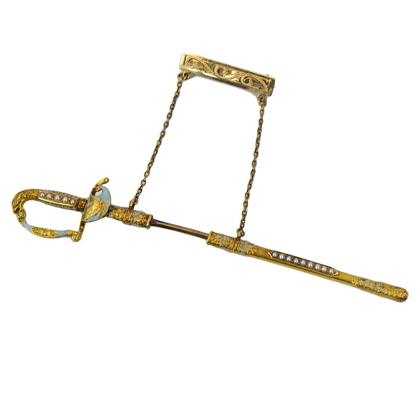 Victorian Sword and Sheath Gold Jabot Brooch Pin