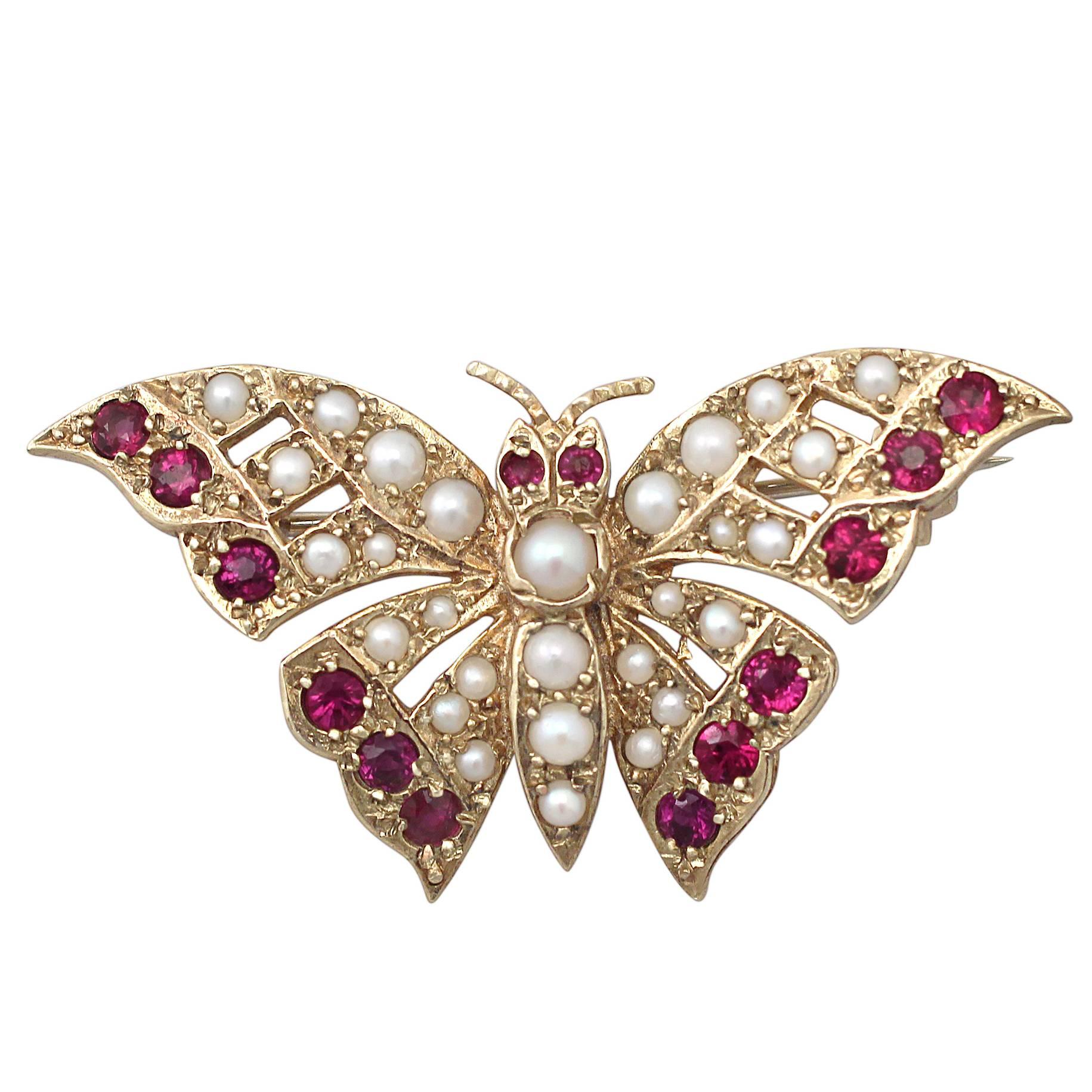 1972 0.82 Carat Ruby Seed Pearl Gold Butterfly Brooch 