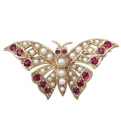 Retro 1972 0.82 Carat Ruby Seed Pearl Gold Butterfly Brooch 