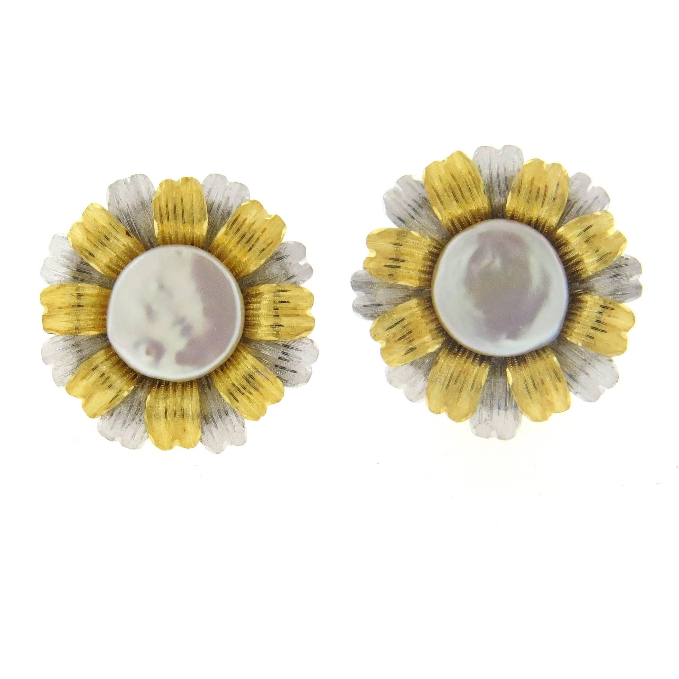 Large Buccellati Pearl Gold Sunflower Earrings