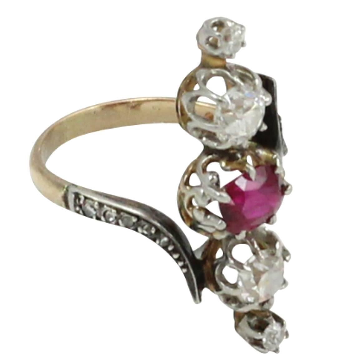 Early 20th Century Natural Burmese Ruby Diamond Gold Ring For Sale