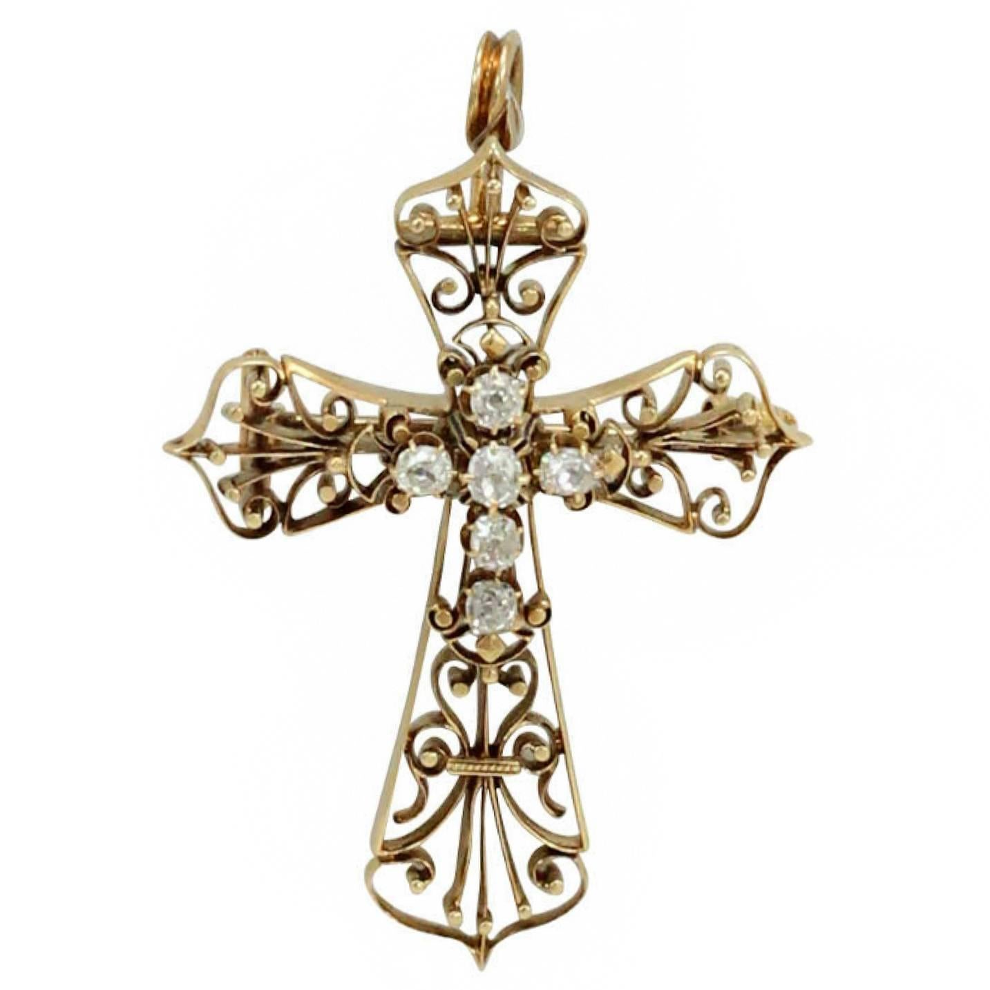 Diamond Gold Cross Pendant Brooch For Sale