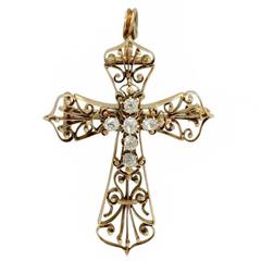 Antique Diamond Gold Cross Pendant Brooch