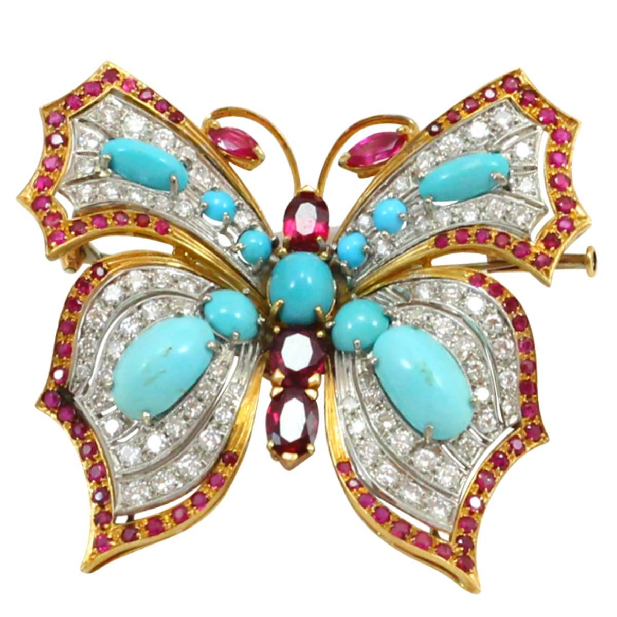 Turquoise Ruby Diamond Gold Butterfly Brooch For Sale