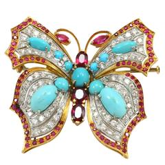 Retro Turquoise Ruby Diamond Gold Butterfly Brooch