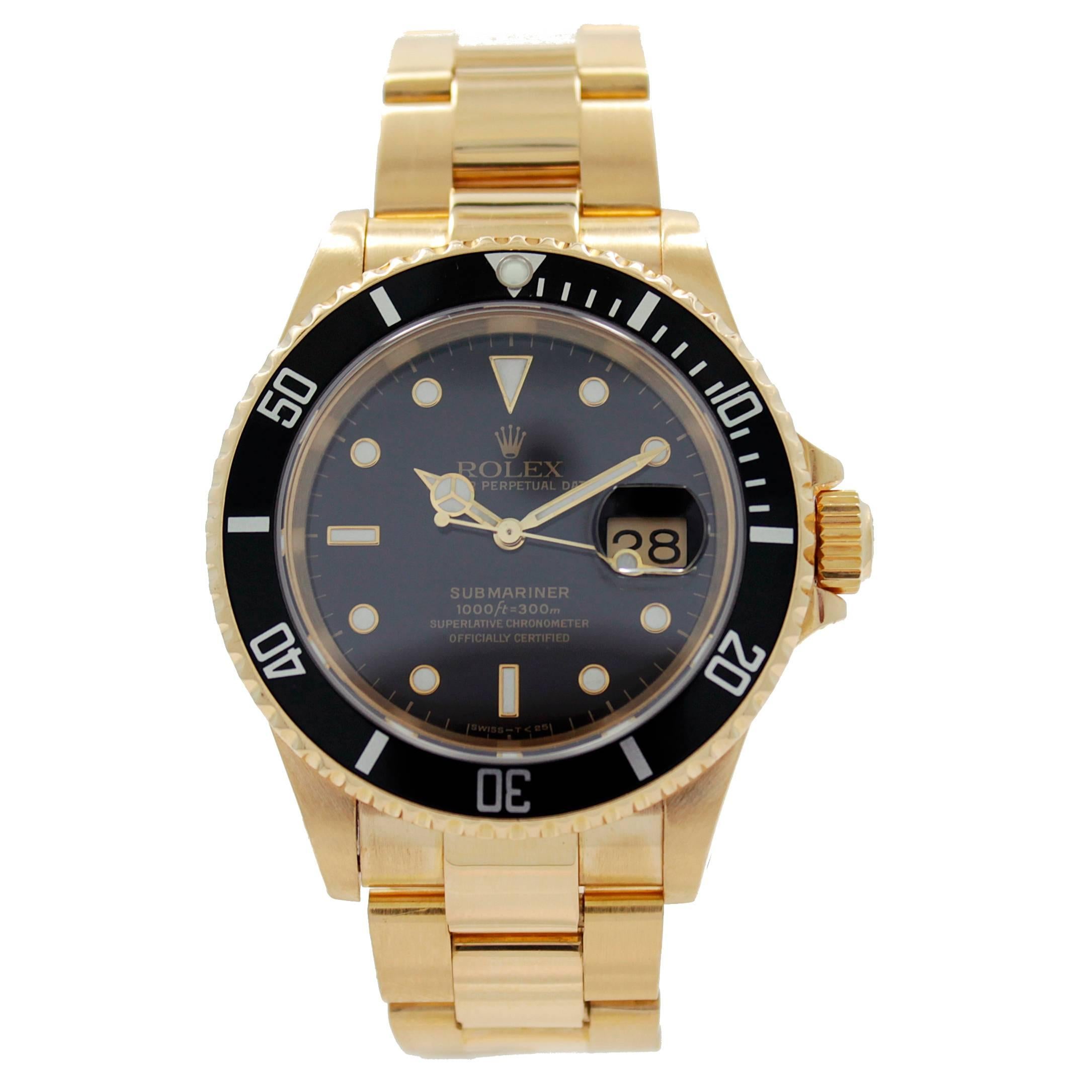 Rolex Yellow Gold Submariner Black Dial Wristwatch Ref 16618