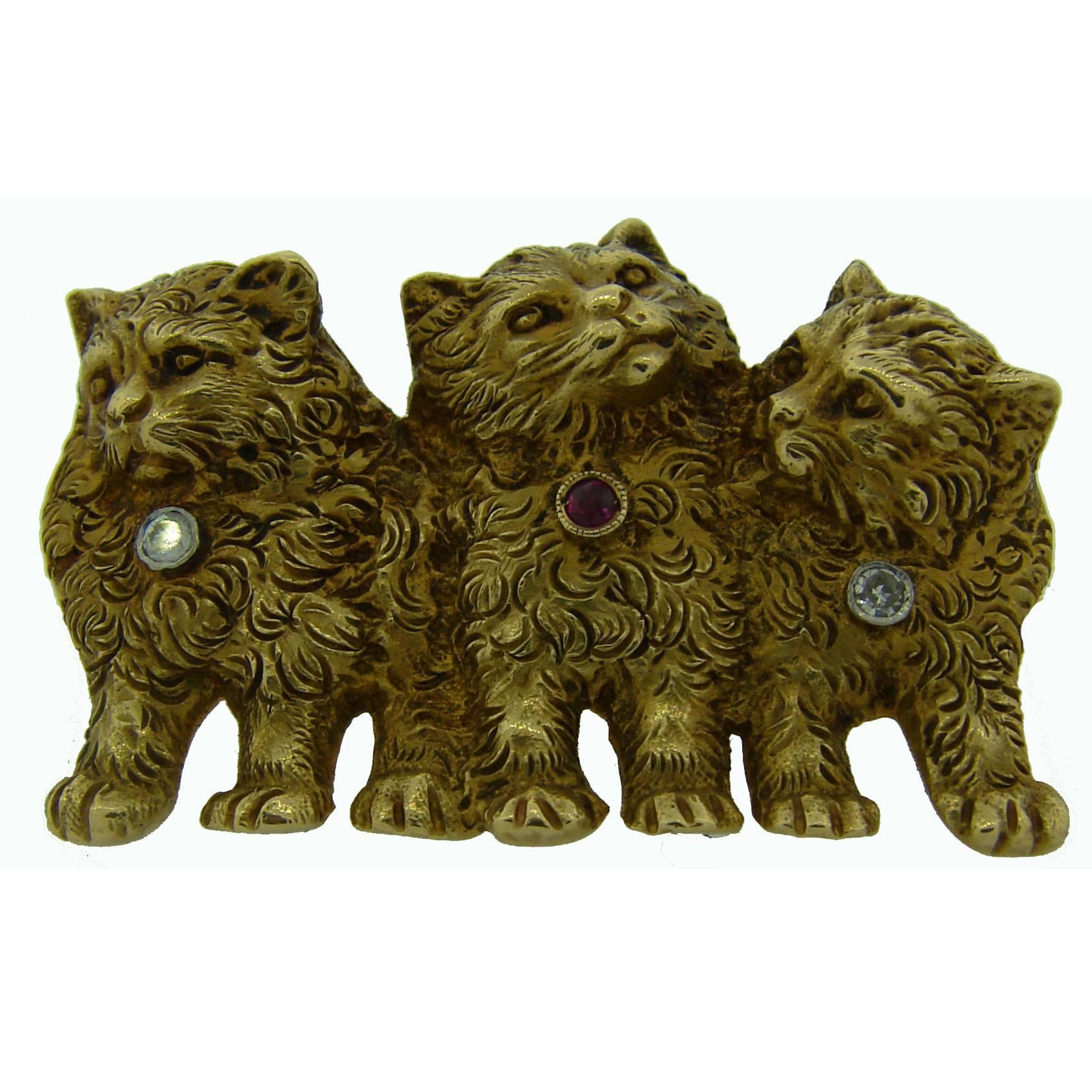 Edwardian 1900s Ruby Diamond Gold Three Cats Pin Brooch