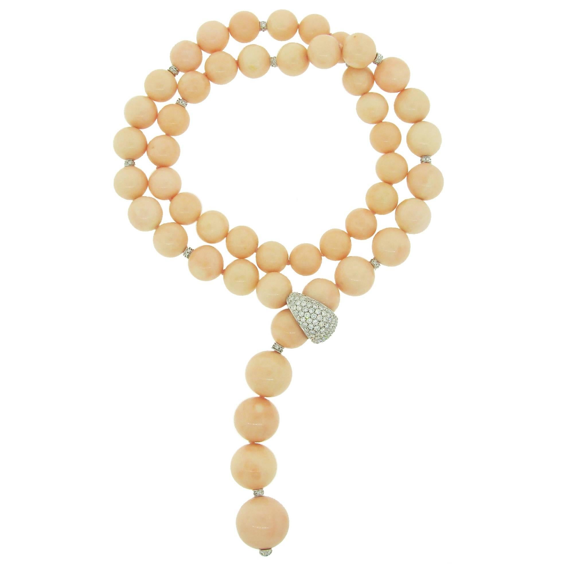 Angel Skin Coral Beads Diamond Gold Necklace