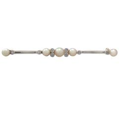 0.13Ct Diamond & Pearl, 9k Yellow Gold, Platinum Set Bar Brooch - Antique 4