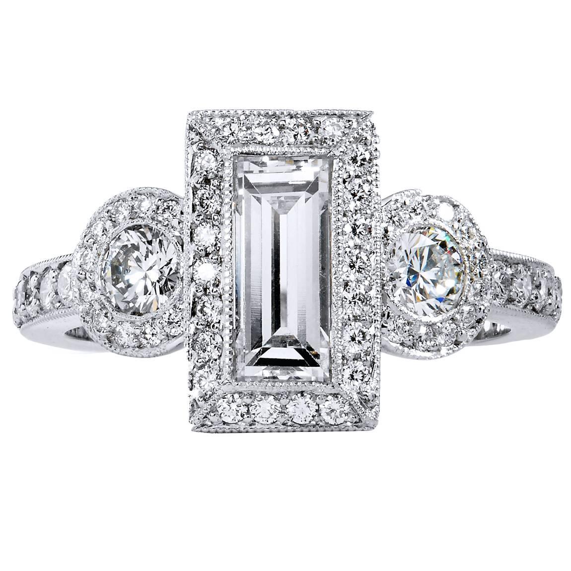 1.12 Carat GIA Cert Emerald Cut and Round Diamond Platinum Three Stone Ring