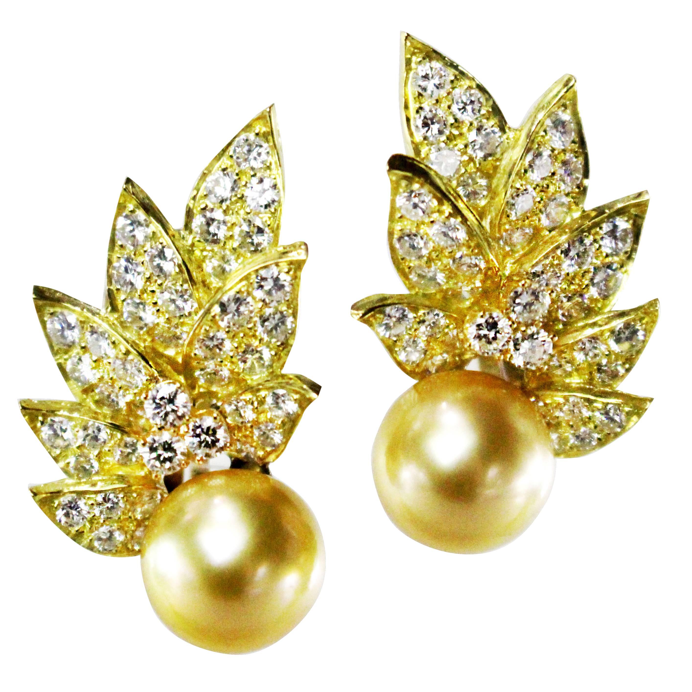 Golden South Sea Cultured Pearl Diamond Gold Ear Clips.  For Sale