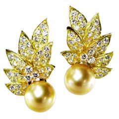 Golden South Sea Cultured Pearl Diamond Gold Ear Clips. 