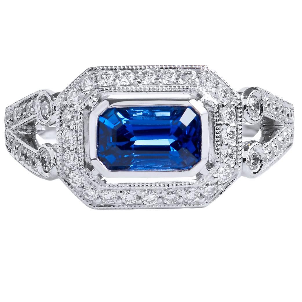 1.35 Carat Vivid Blue Madagascar Sapphire and Diamond Gold Palladium Ring