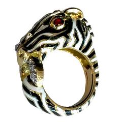 David Webb Enamel Diamond Gold Zebra Ring
