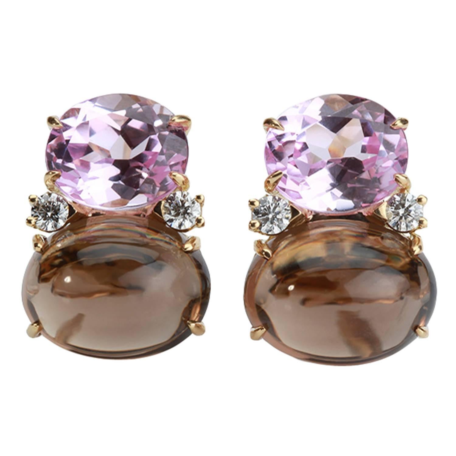 Large GUM DROP™ Earrings with Pink Topaz and Cabochon Smoky Topaz and Diamonds For Sale