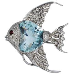 24 Carat Aquamarine Diamond Gold Angelfish Pin