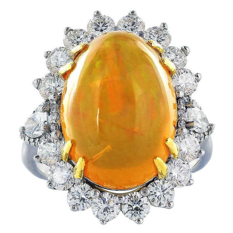 Fire Opal Diamond Gold Cluster Ring For Sale at 1stDibs