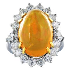 Vintage Fire Opal Diamond Gold Cluster Ring