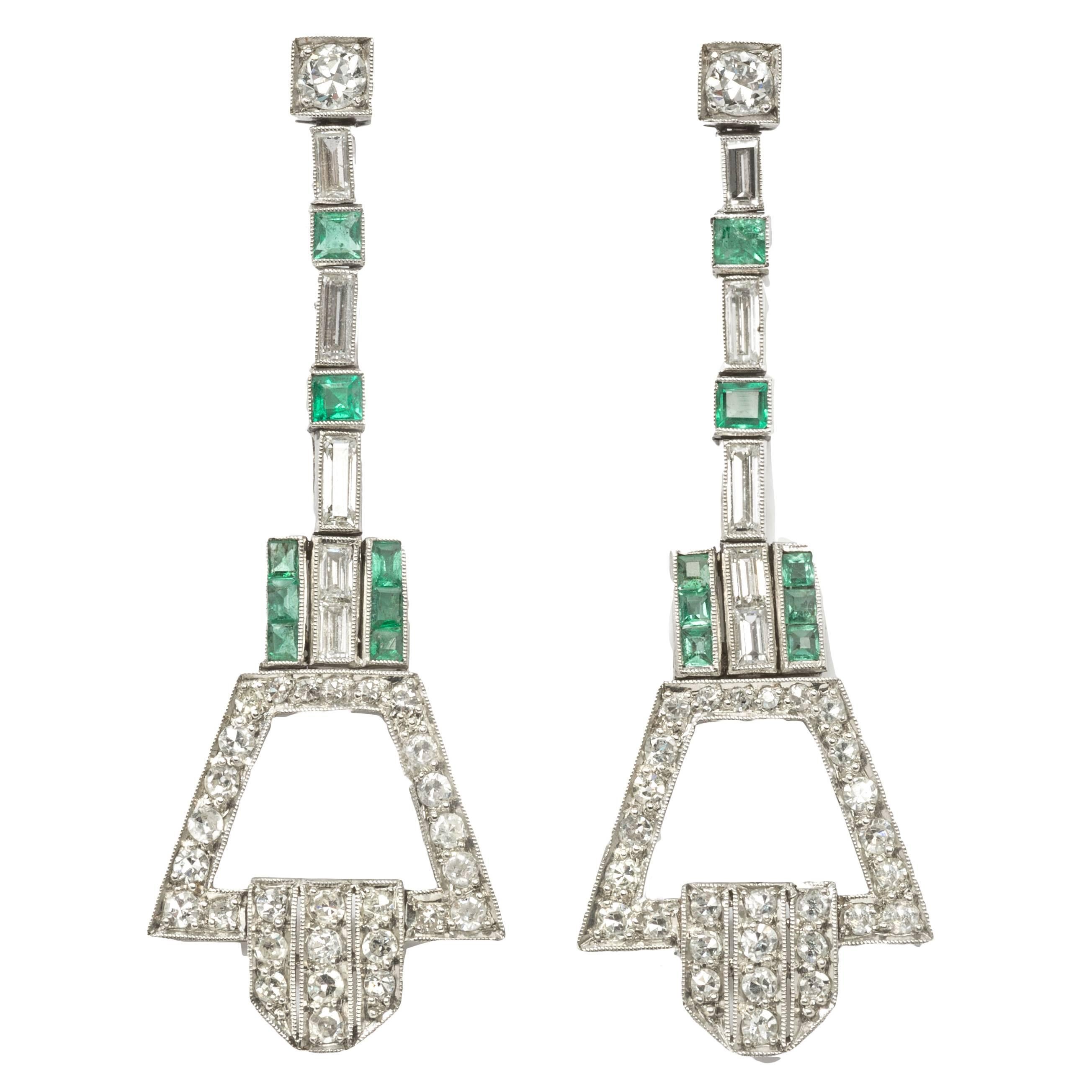 Art Deco Emerald Diamond Platinum Ear Pendants For Sale