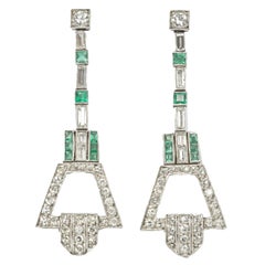 Art Deco Emerald Diamond Platinum Ear Pendants