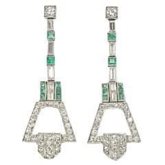 Art Déco Emerald Diamond Platinum Ear Pendants 11