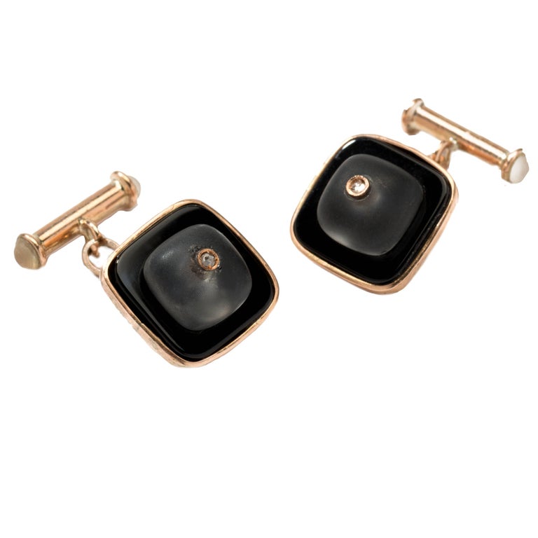 Rock Crystal Onyx Gold Cufflinks For Sale at 1stDibs