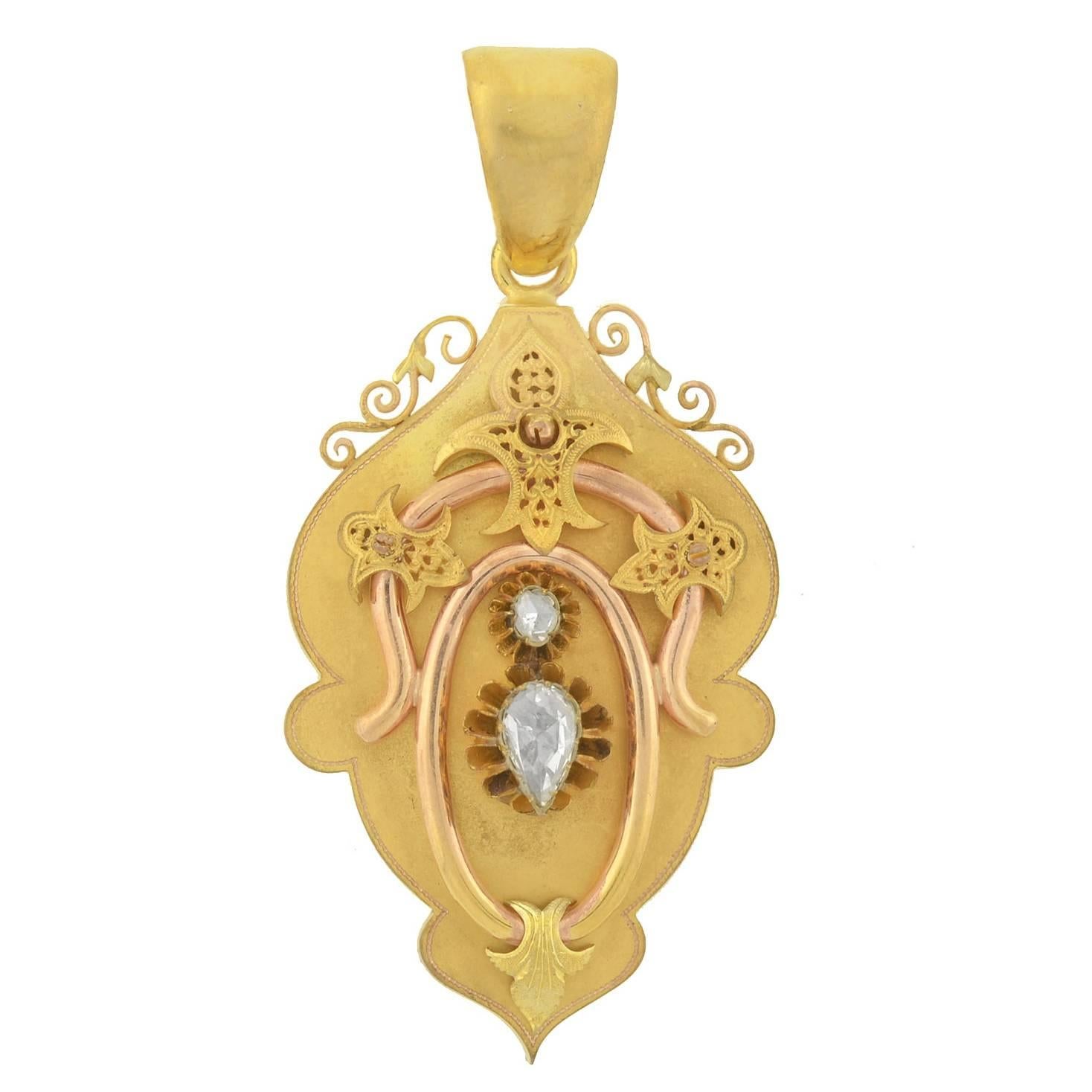 Viktorianisches Medaillon aus gemischten Metallen mit altem Rosenschliff-Diamant