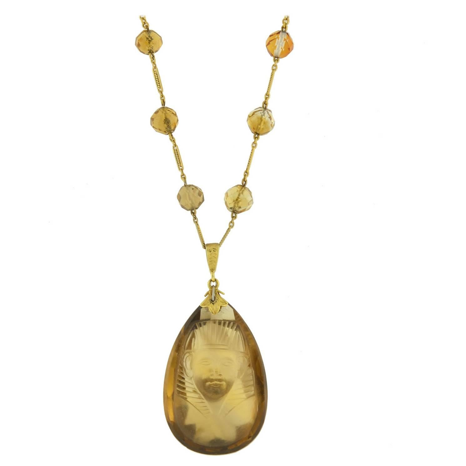 Egyptian Revival Carved Citrine Pharaoh Drop Necklace For Sale