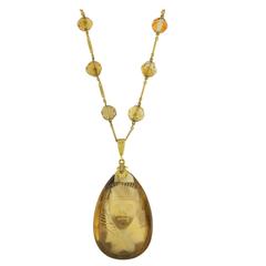 Egyptian Revival Carved Citrine Pharaoh Drop Necklace 3